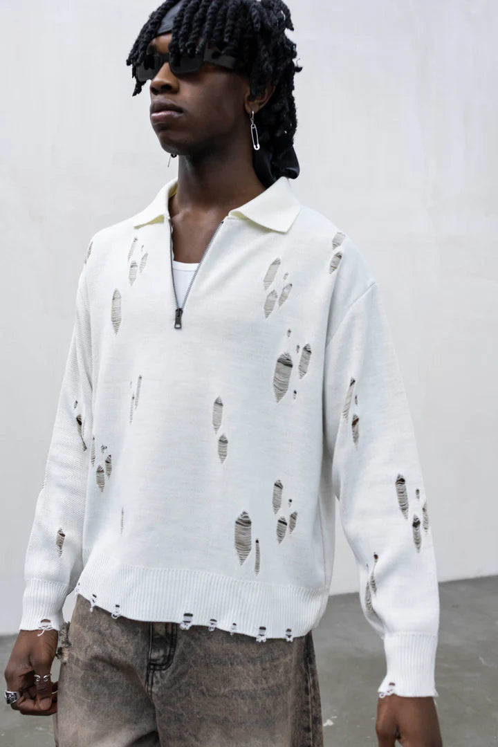 Polo Knit Distressed con Zip Panna