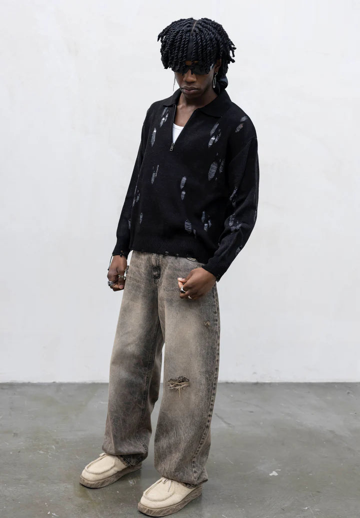 Polo Knit Distressed con Zip Nera