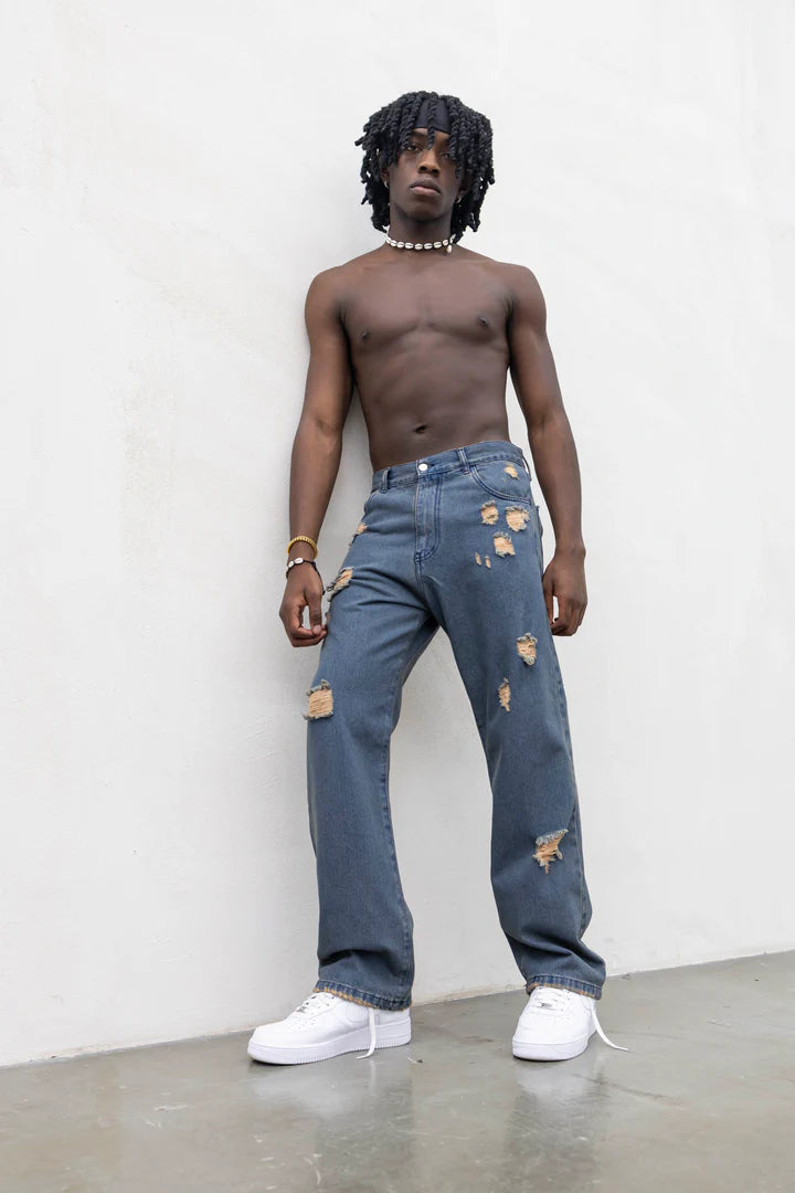 Jeans Uomo Relaxed Fit Destroyed – Denim Blu Vintage