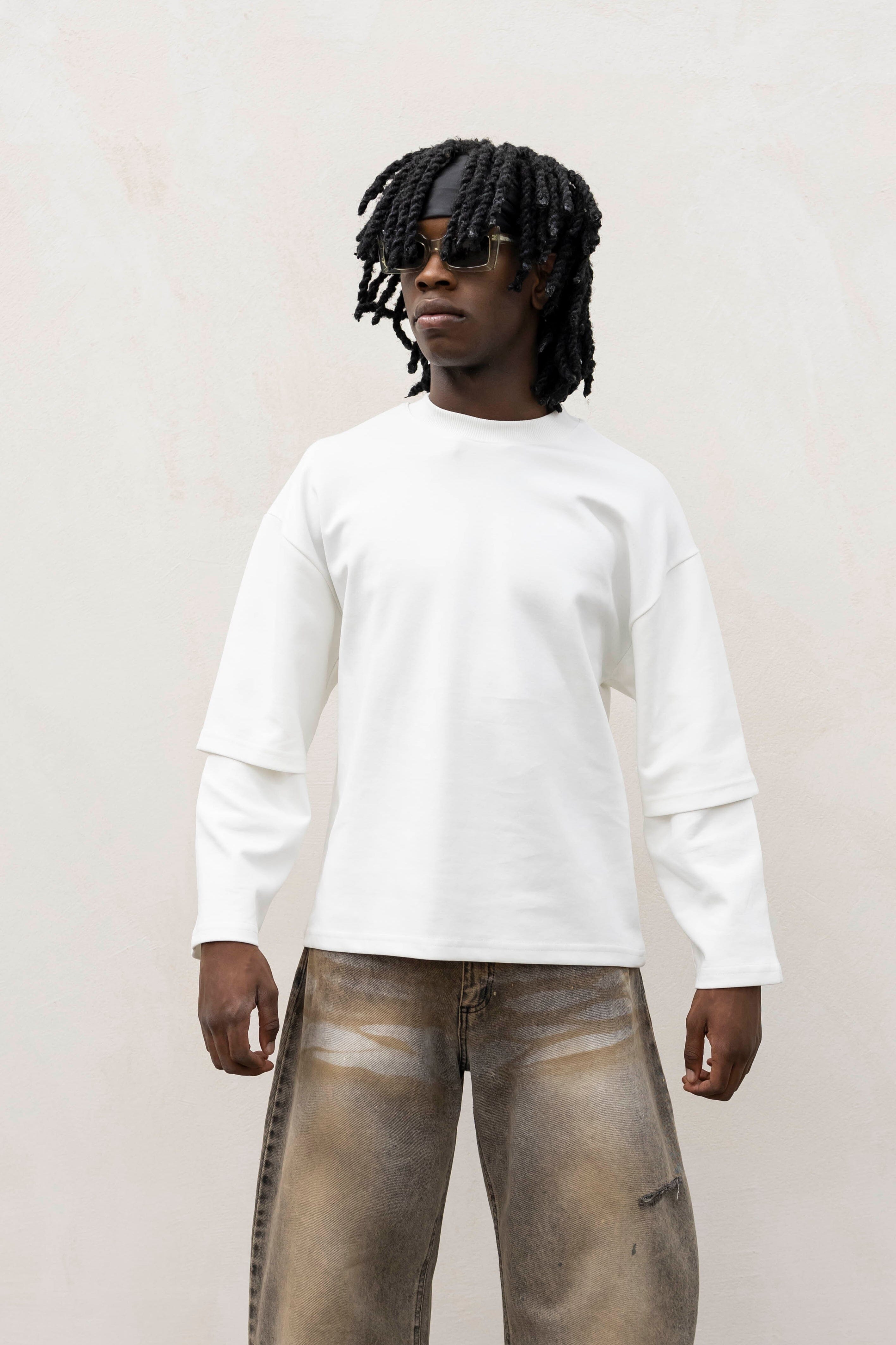 T-shirt Longsleeve con Doppia Manica in Cotone Doppio Garzato Bianca