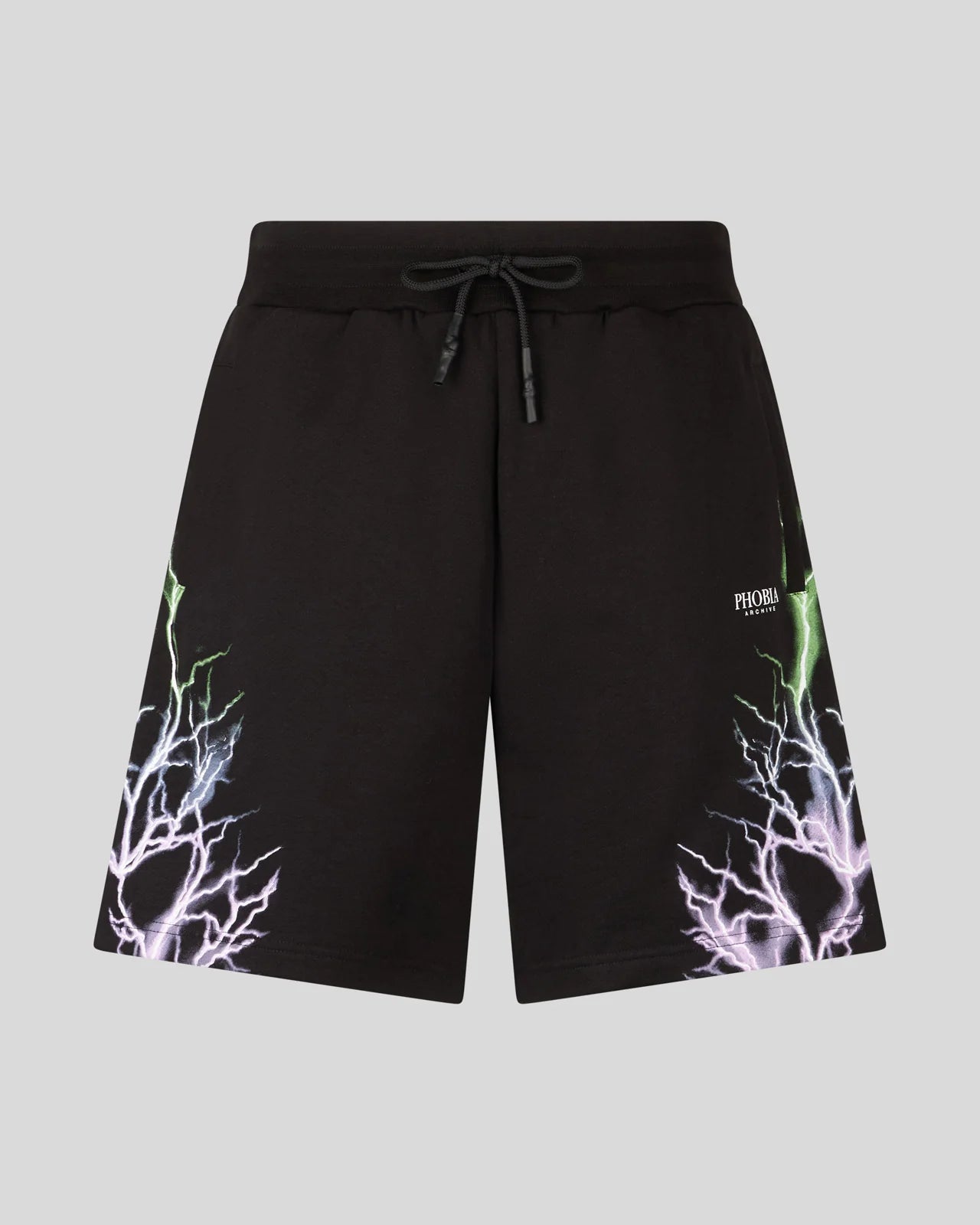 Short Phobia nero con fulmini in stampa bicolore viola e verde