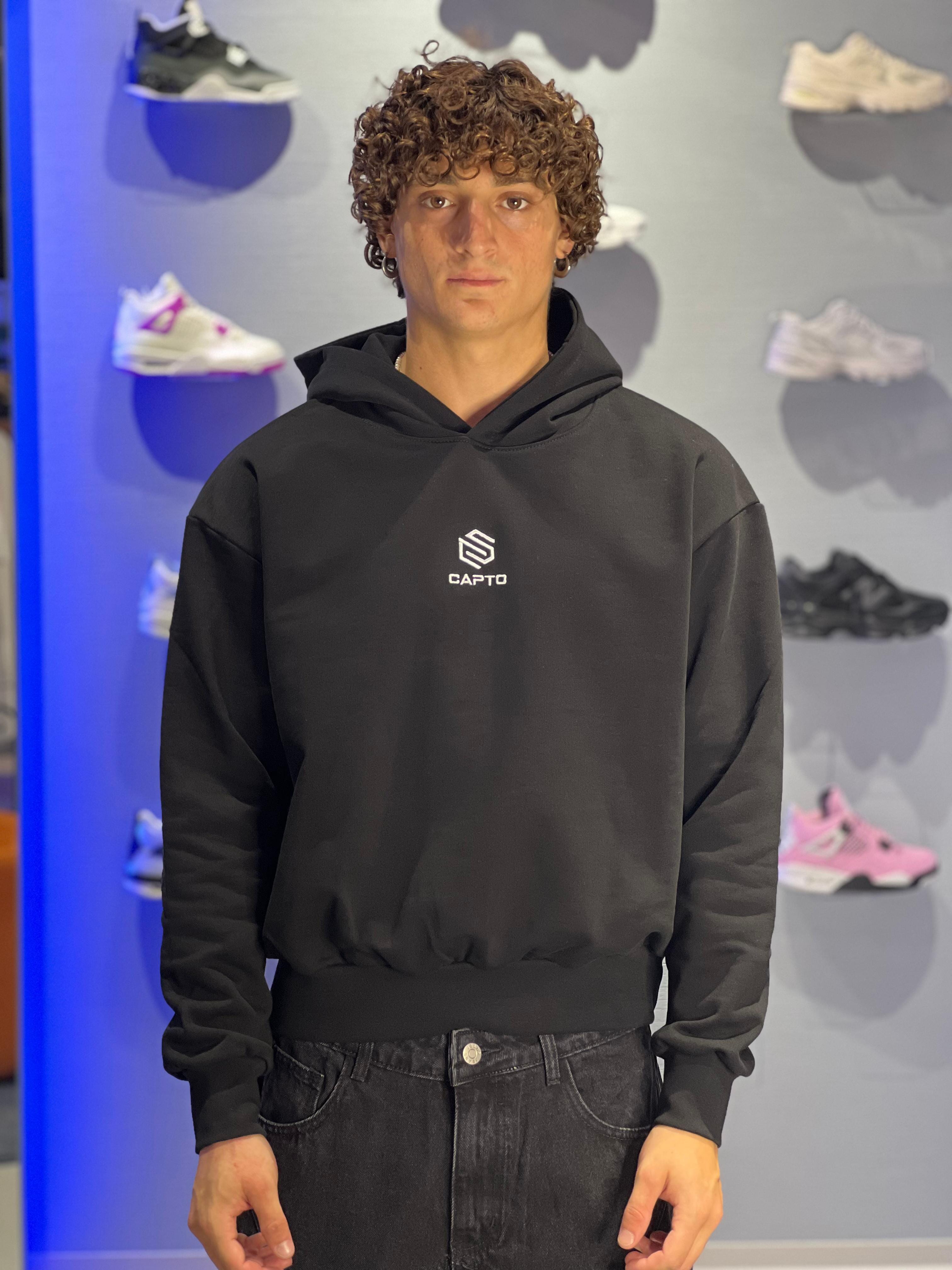 Felpa Capto Boxy Nera cappuccio 100% Cotone Garzato