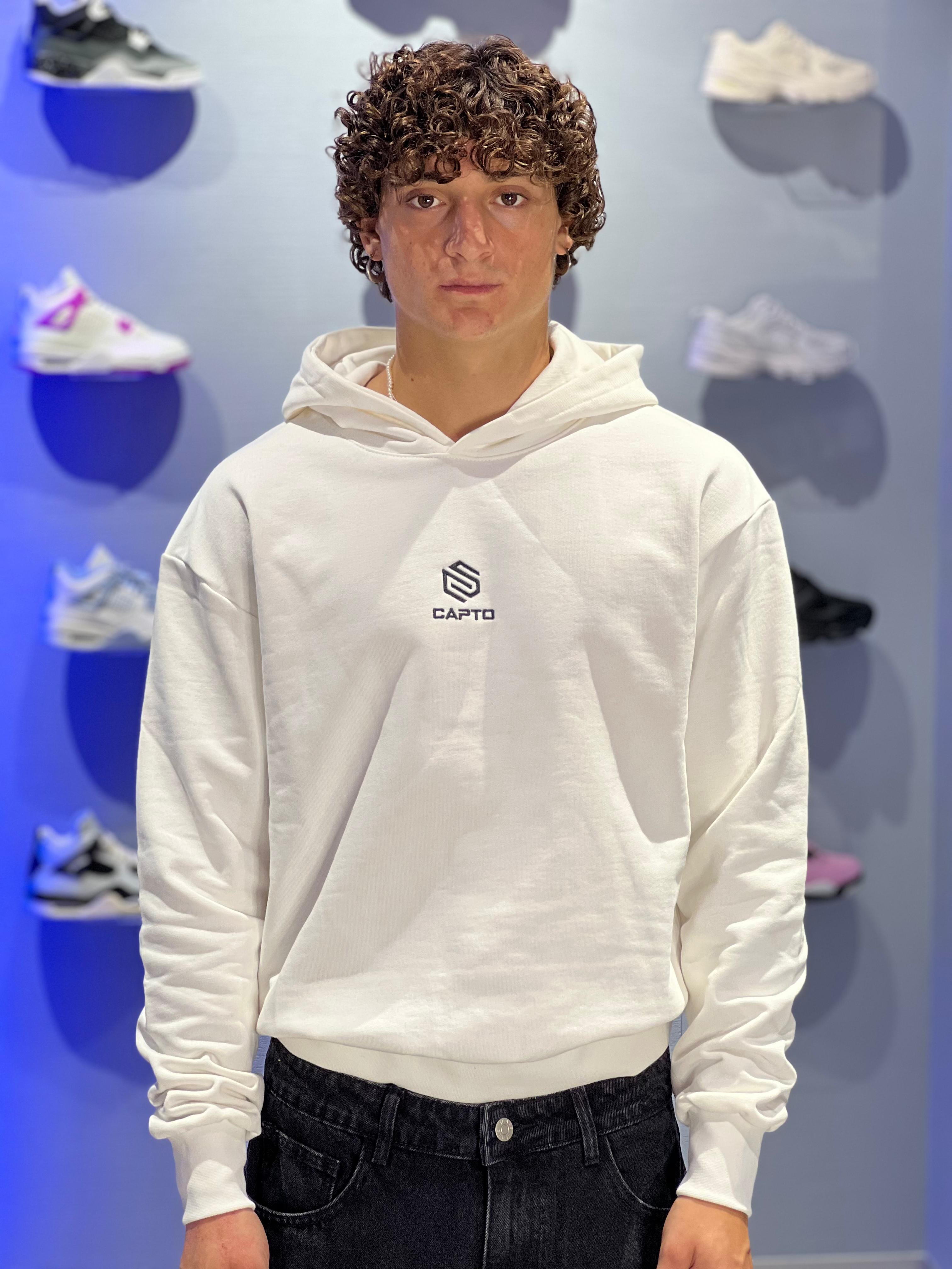 Felpa Capto Boxy white cappuccio 100% Cotone Garzato