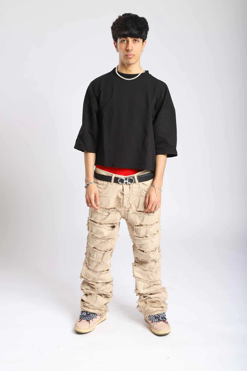 Pantalone di Jeans double denim beige cream con rotture cucite- EFFEMME EXCLUSIVE LAB