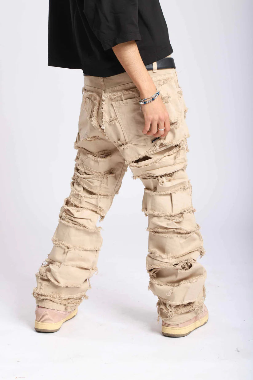 Pantalone di Jeans double denim beige cream con rotture cucite- EFFEMME EXCLUSIVE LAB