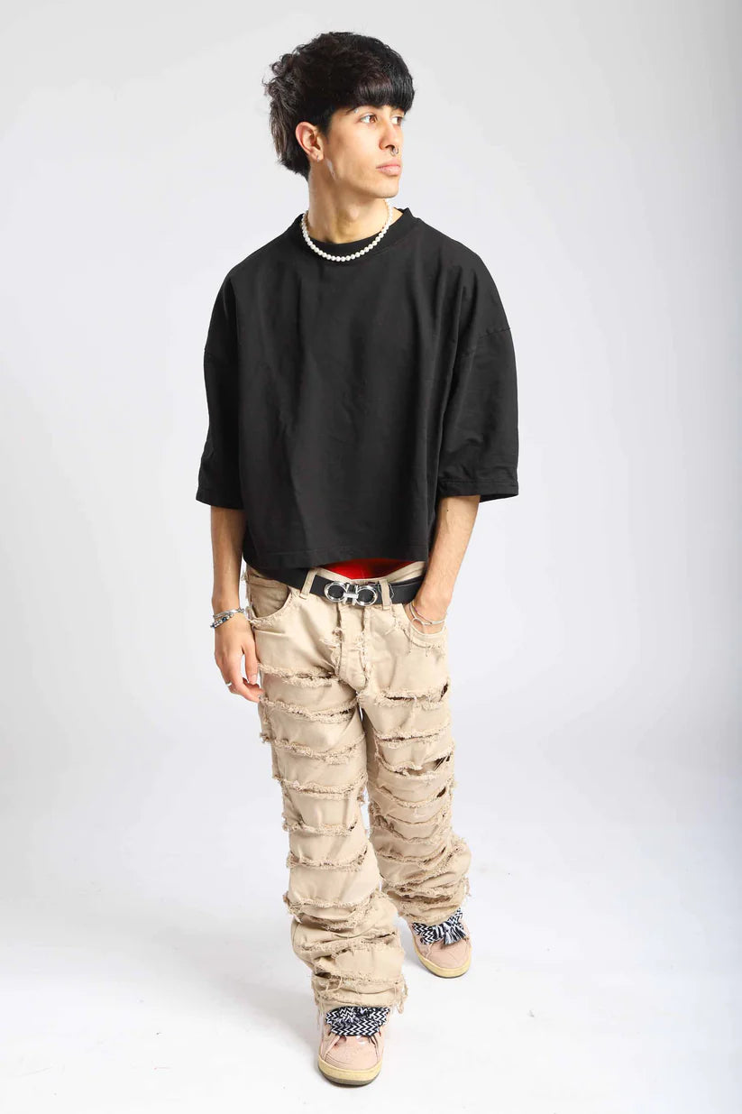 Pantalone di Jeans double denim beige cream con rotture cucite- EFFEMME EXCLUSIVE LAB