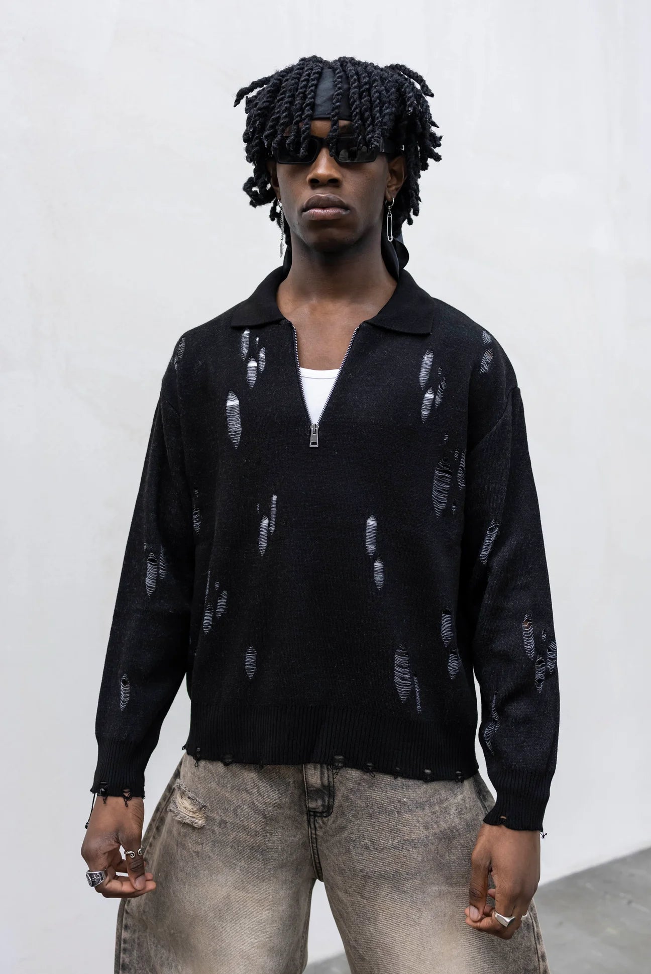Polo Knit Distressed con Zip Nera