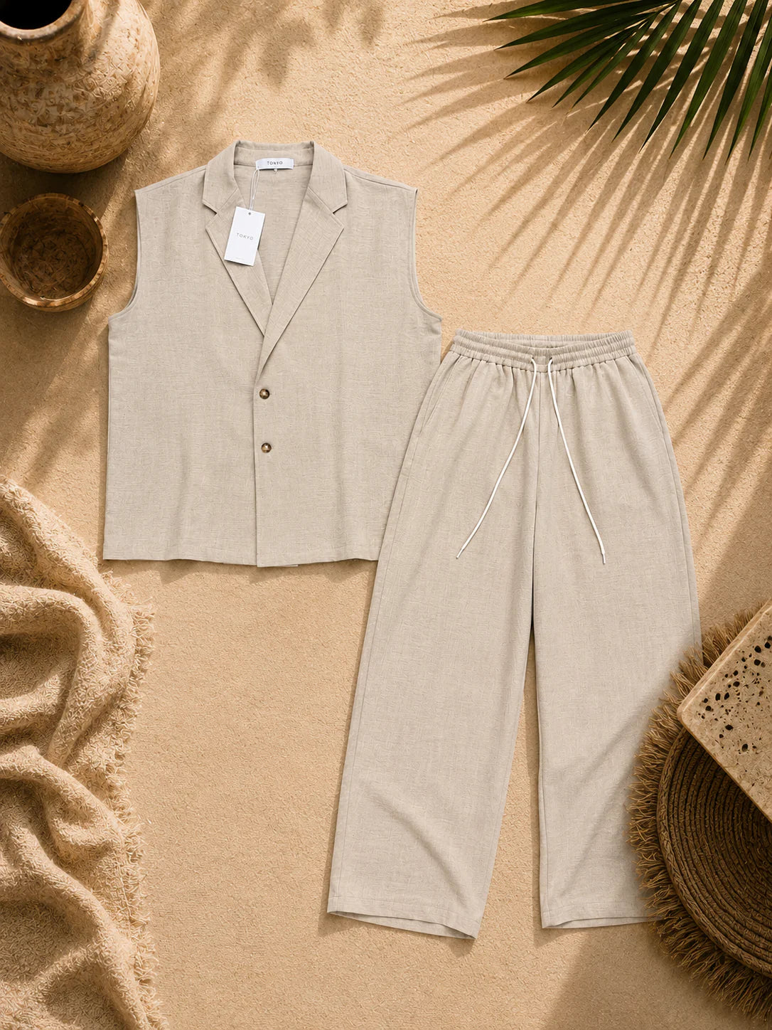 Coordinato Smanicato in lino beige