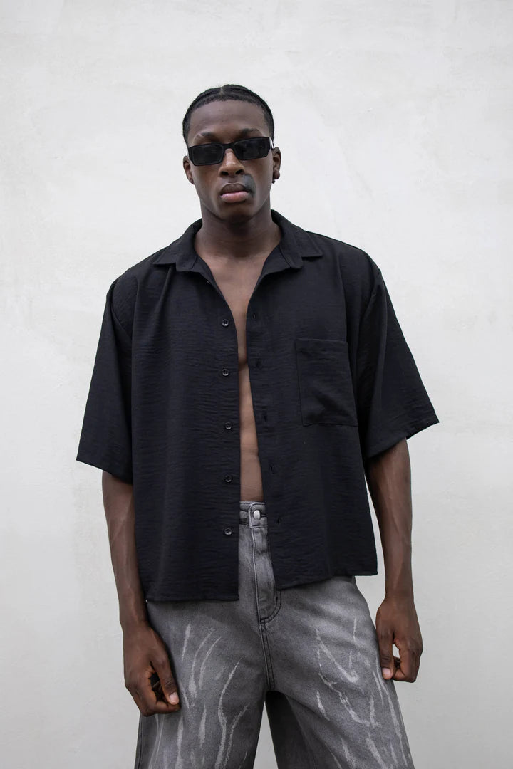 Camicia Boxy Simil Lino Nera