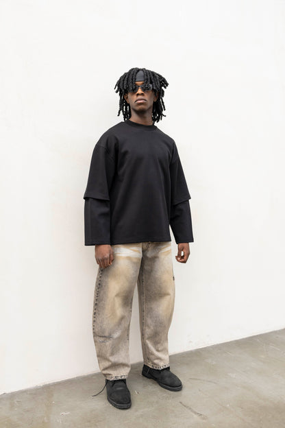 T-shirt Longsleeve con Doppia Manica in Cotone Doppio Garzato Nero