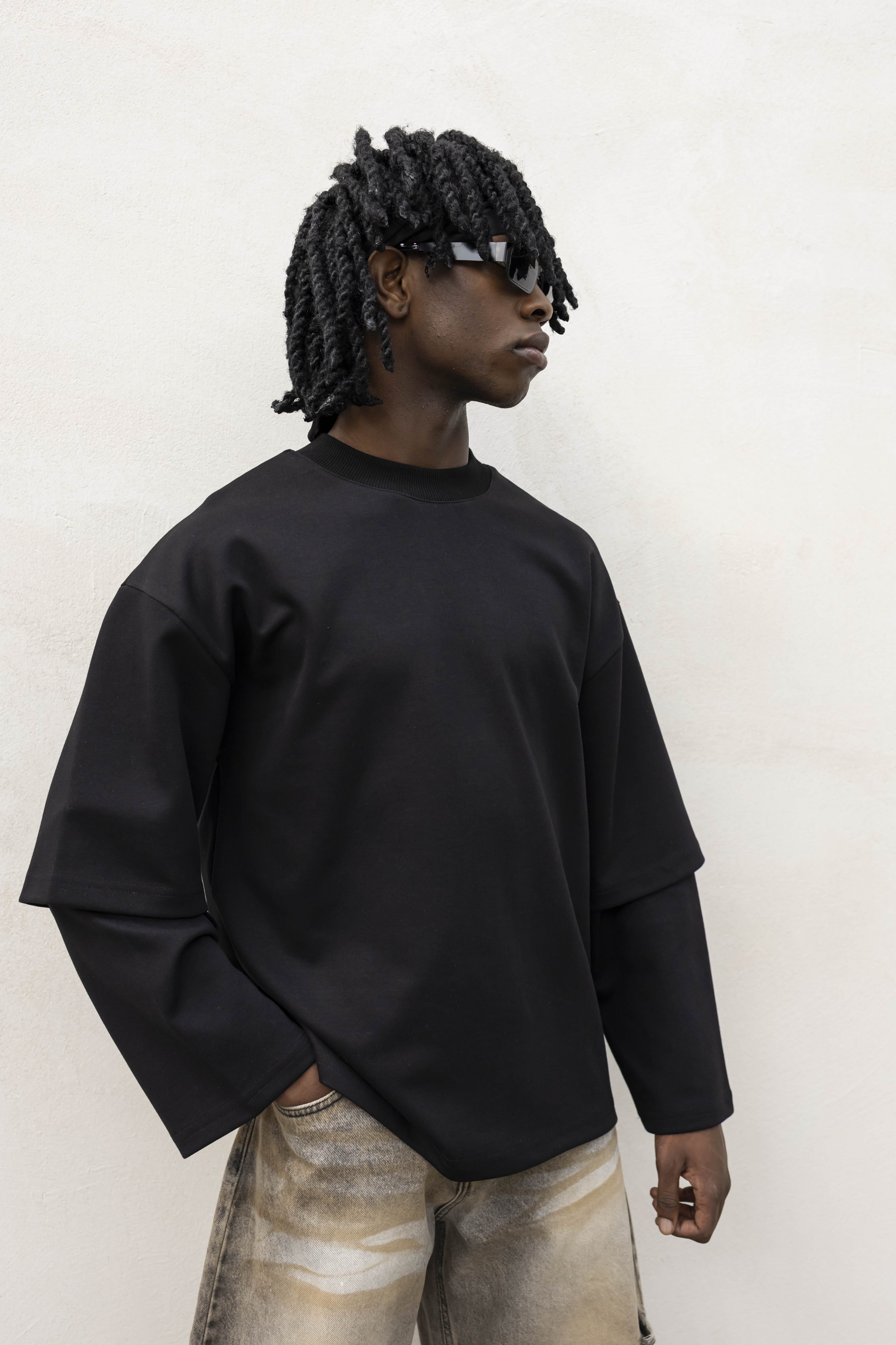 T-shirt Longsleeve con Doppia Manica in Cotone Doppio Garzato Nero