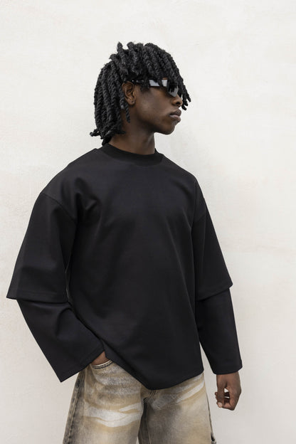 T-shirt Longsleeve con Doppia Manica in Cotone Doppio Garzato Nero