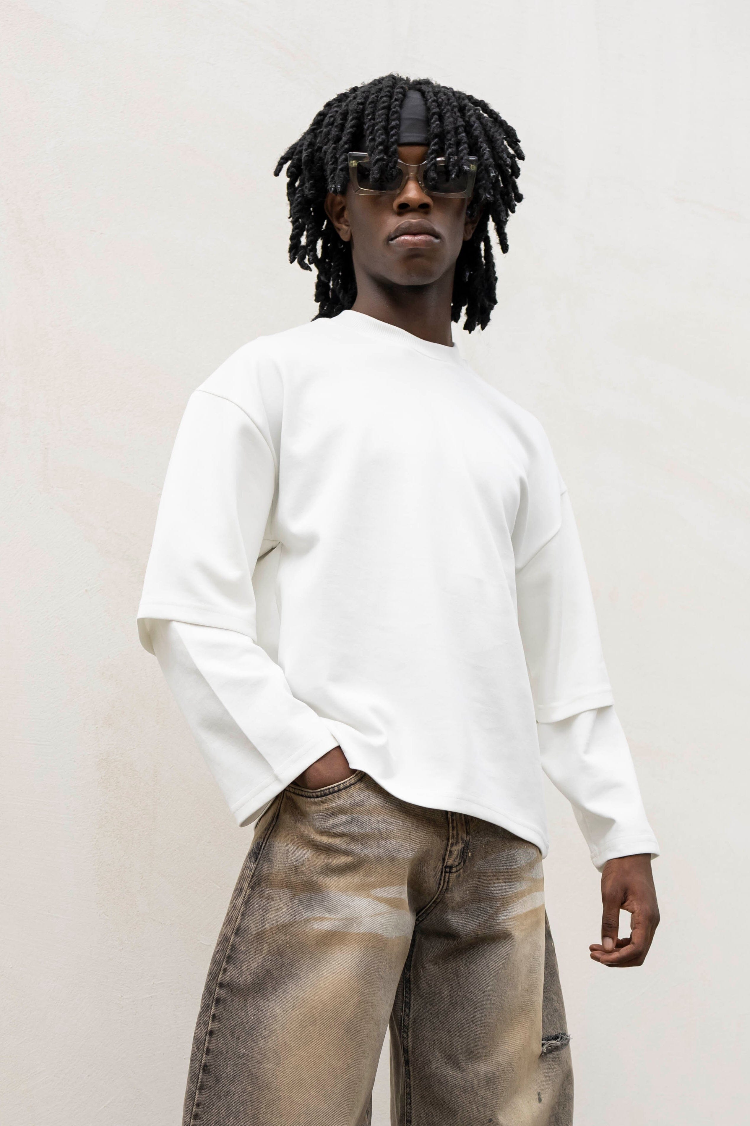 T-shirt Longsleeve con Doppia Manica in Cotone Doppio Garzato Bianca