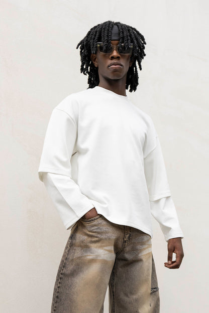 T-shirt Longsleeve con Doppia Manica in Cotone Doppio Garzato Bianca