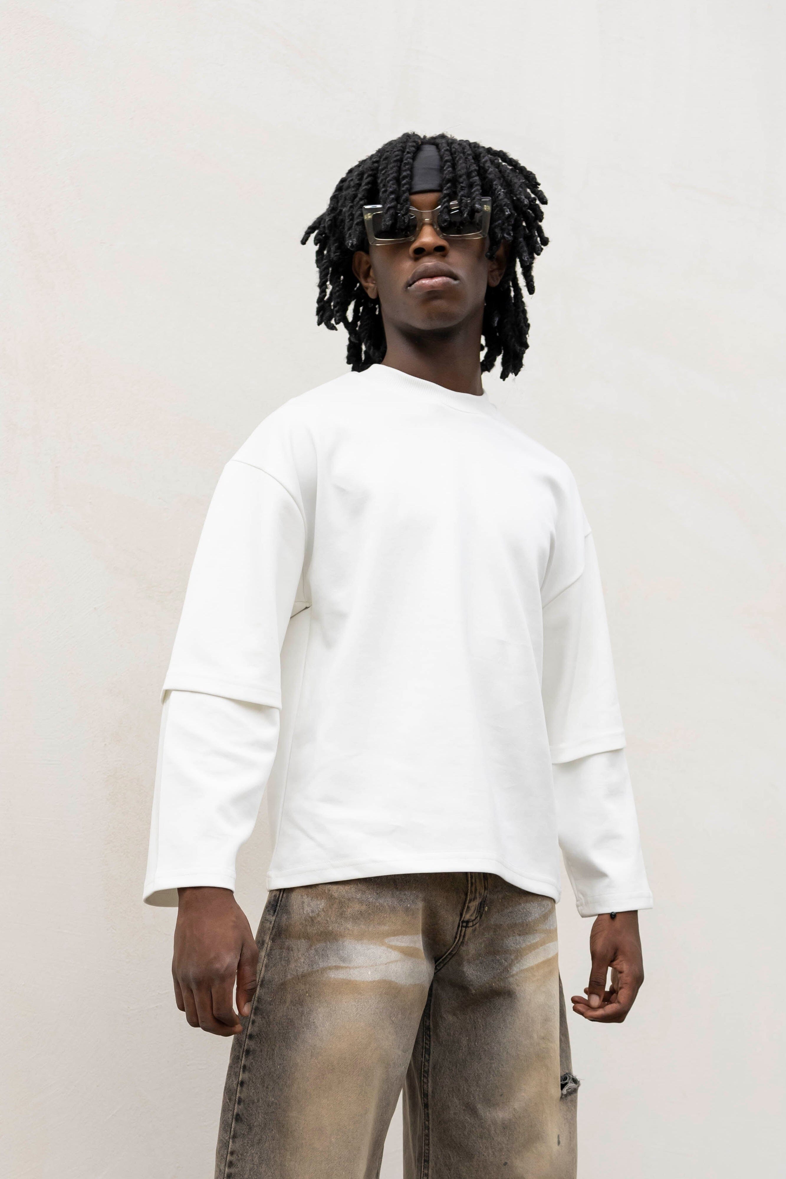 T-shirt Longsleeve con Doppia Manica in Cotone Doppio Garzato Bianca