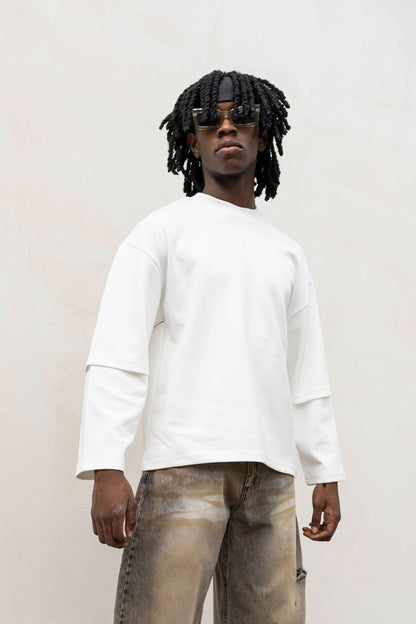 T-shirt Longsleeve con Doppia Manica in Cotone Doppio Garzato Bianca