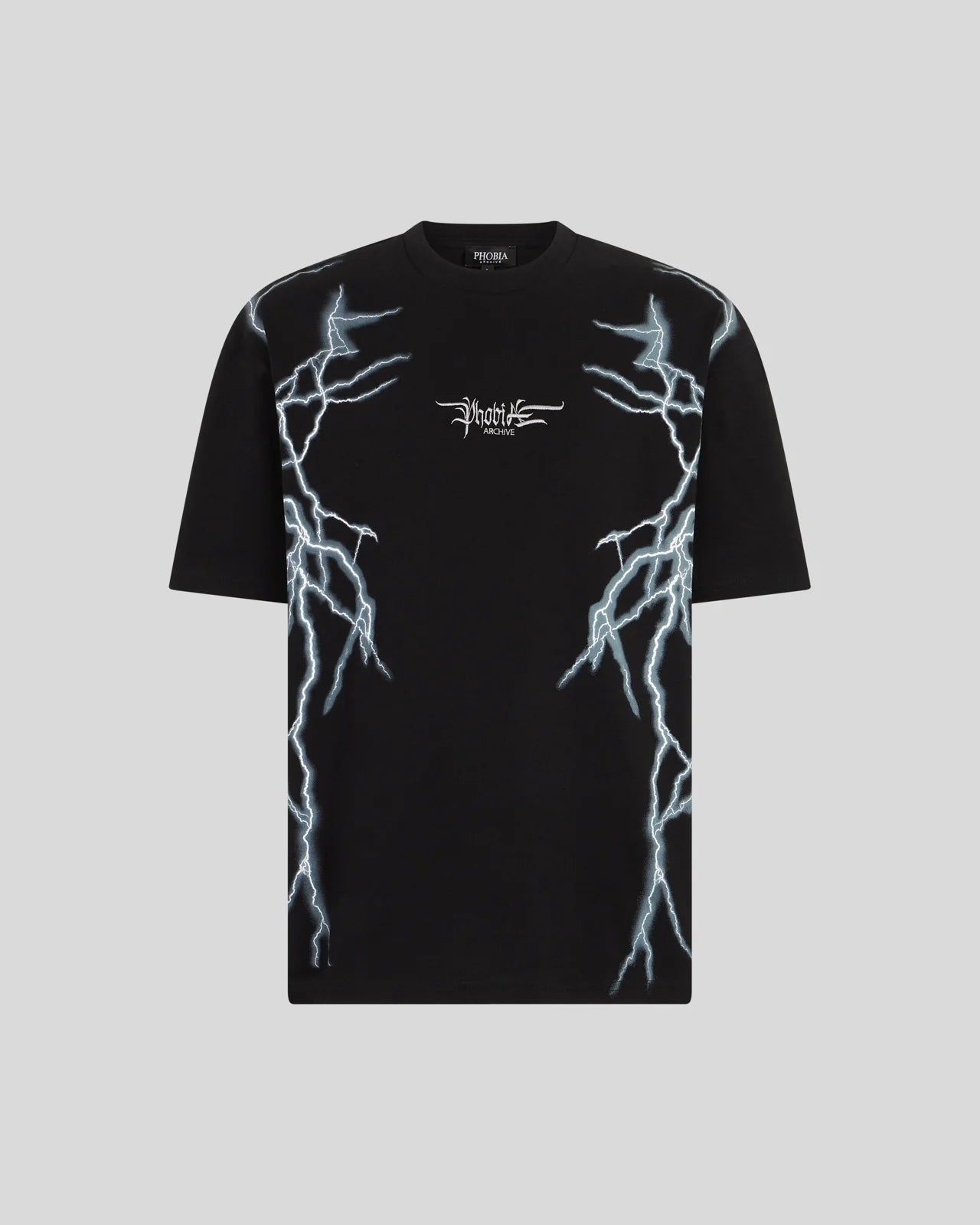 T-shirt Phobia nera con stampa fulmini grigia laterale