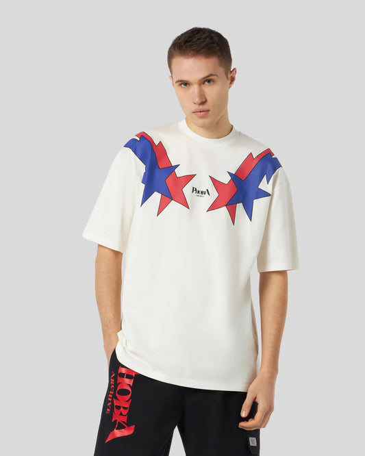 T-shirt Phobia bianca con grafica starry lightning rossa e blu