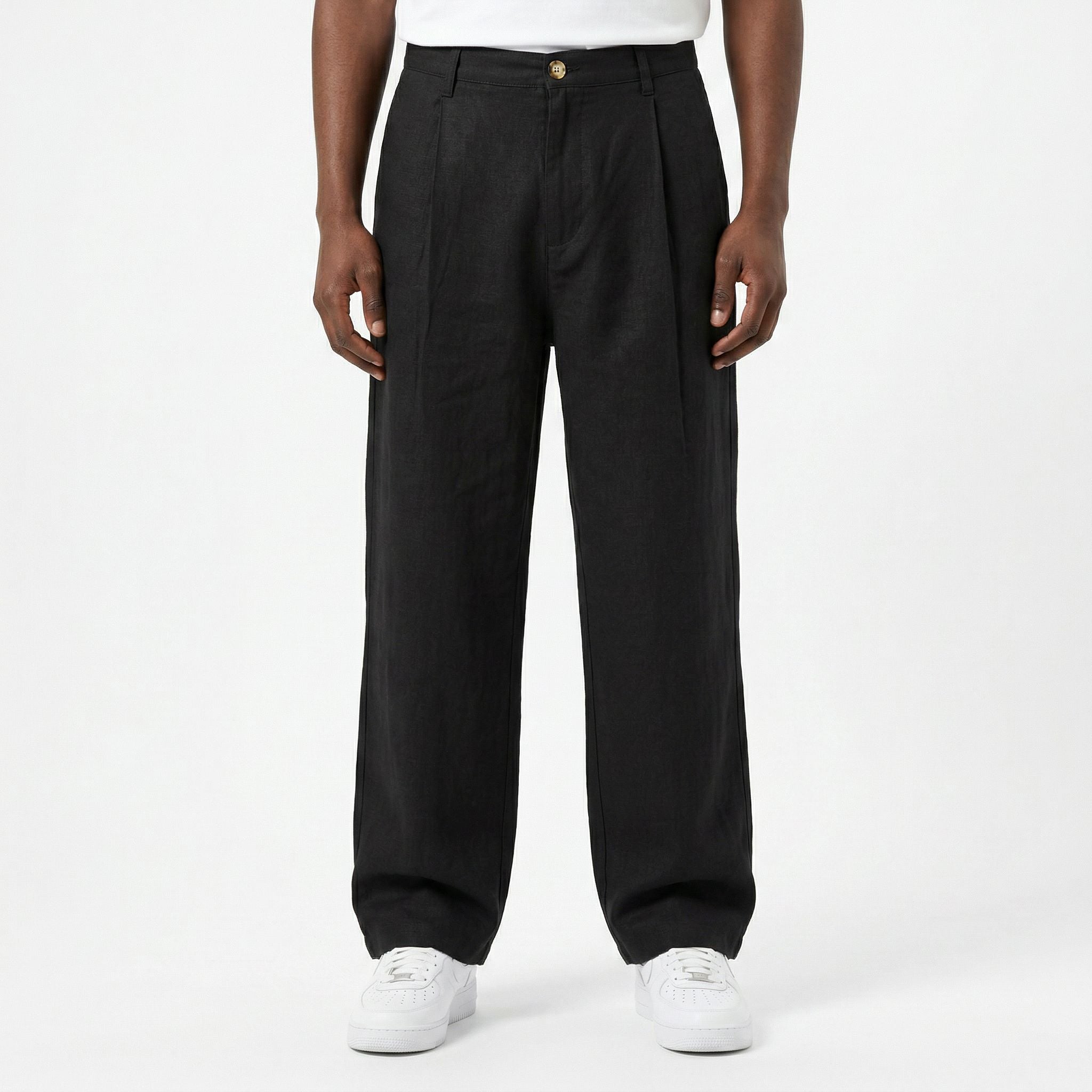 Pantalone in lino nero con pinces SOLID