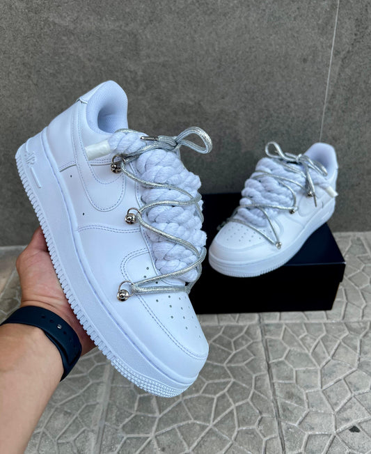 Nike air force 1 custom laccio in corda bianca + ganci e doppio laccio argento