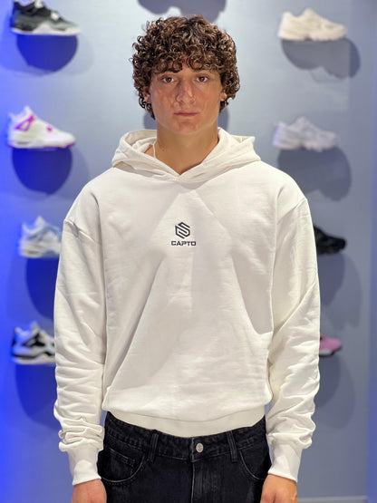 Felpa Capto Boxy white cappuccio 100% Cotone Garzato