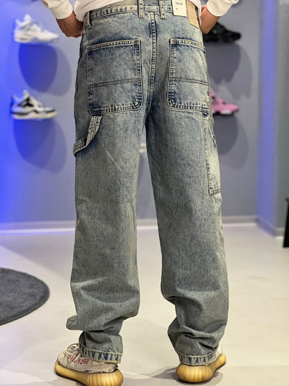 Jeans Solid Cargo Wide Fit – Denim Chiaro Effetto Vintage