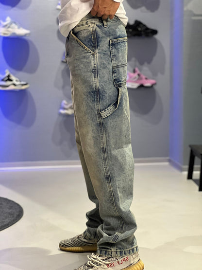 Jeans Solid Cargo Wide Fit – Denim Chiaro Effetto Vintage