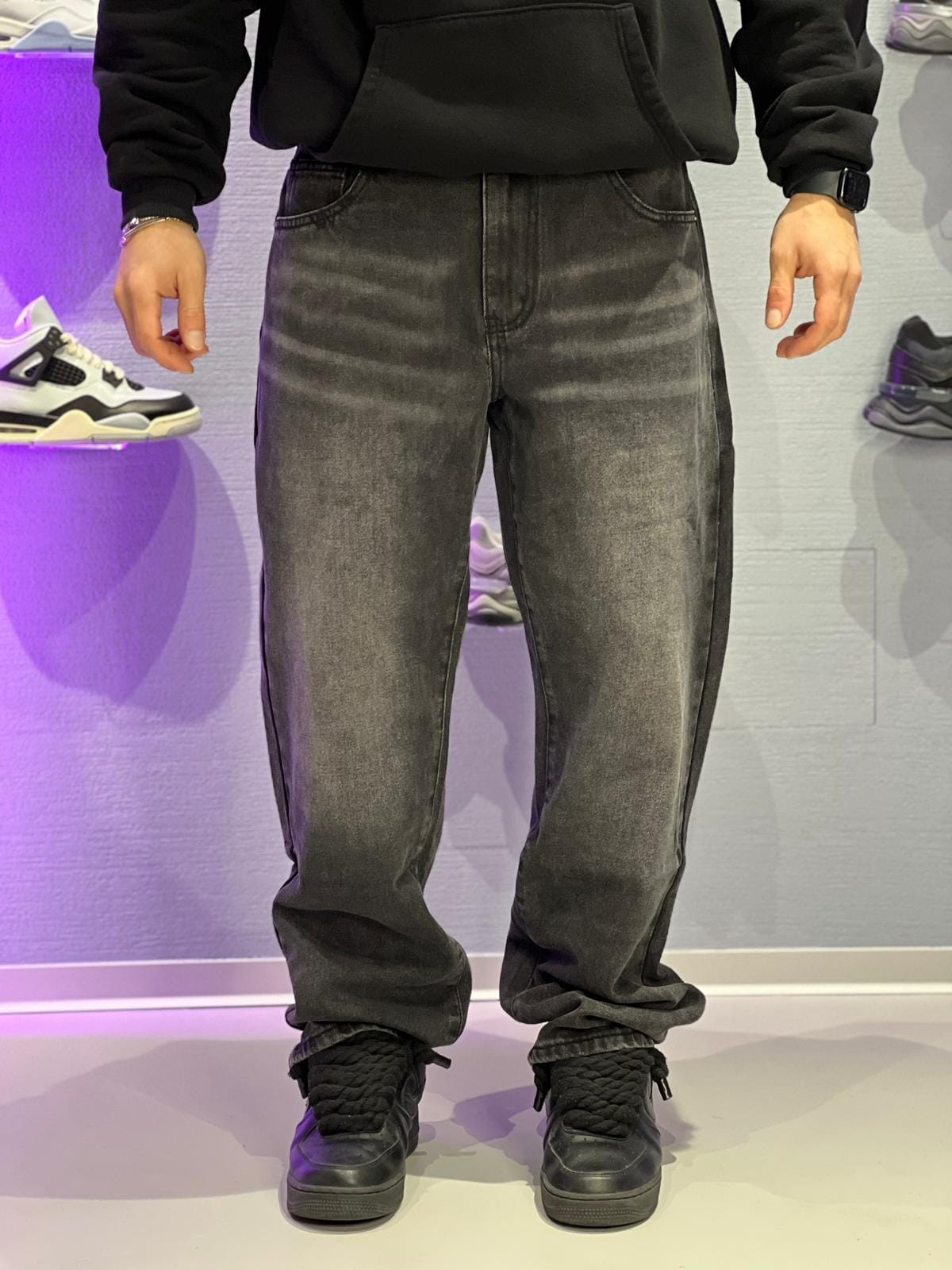 Jeans Wide Fit Nero Washed